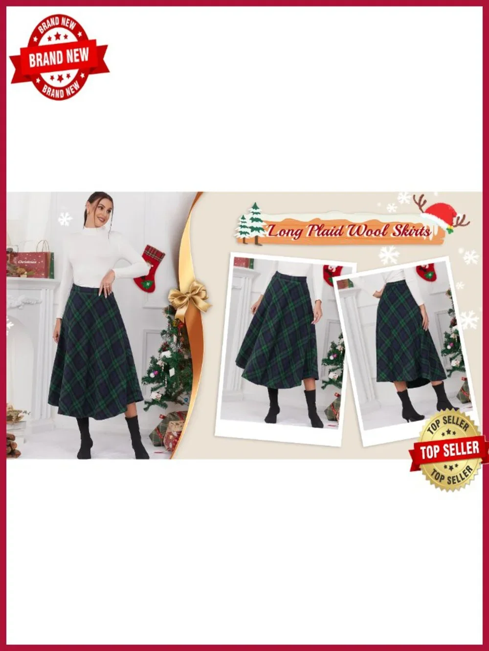 Wool Blend Pleated A-Line Skirt High Waist with Pockets Maxi Length Side Zipper